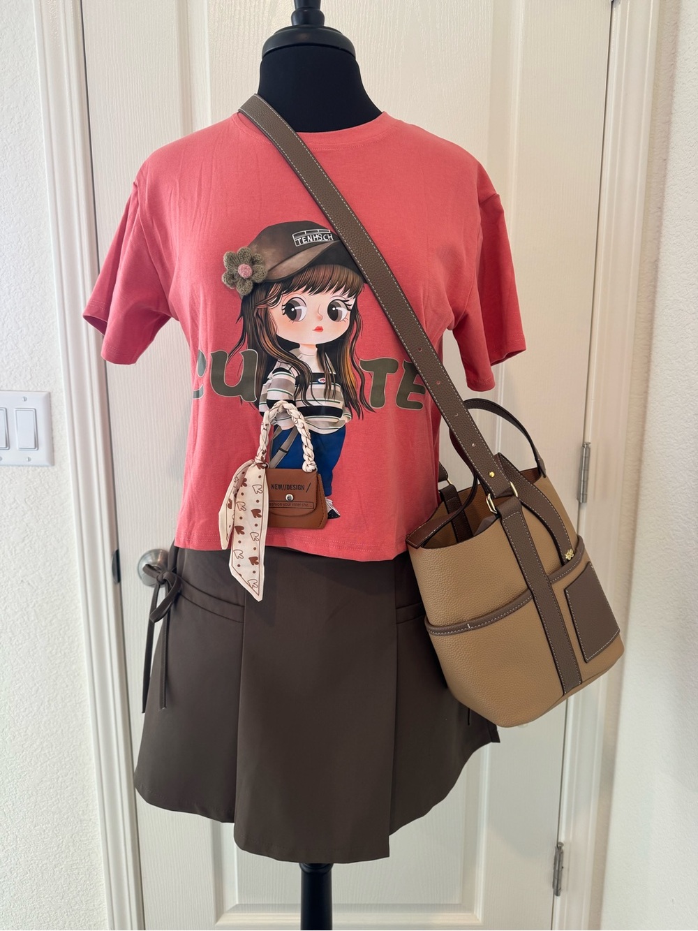 Crop Top Graphic Tee, Choco brown Skorts and House of LittleBunny Bucket Bag